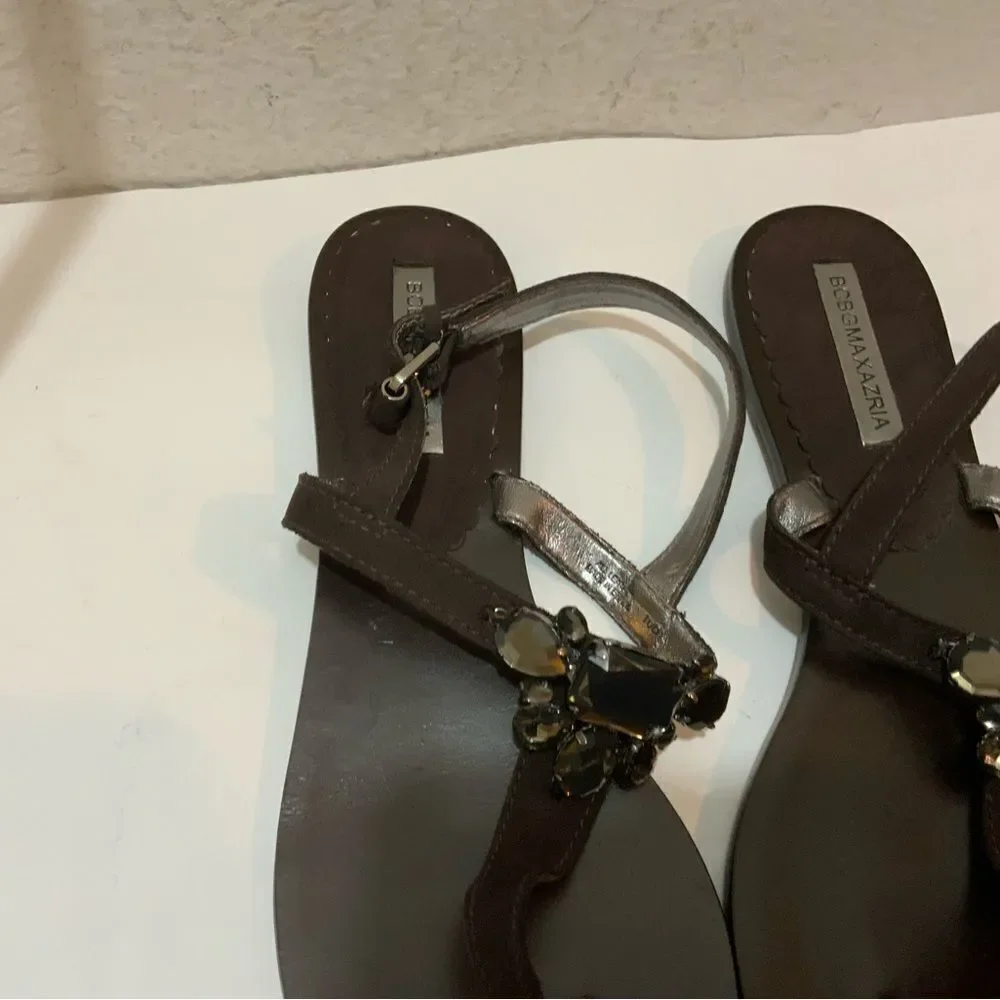 BCBG MaxAzria Dark Brown Leather Sandals with jeweled Accent U.S. Size 10 B